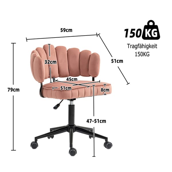 Samtklädd kontorsstol med mjuk sits, 360° roterbar, justerbar höjd med en knapp, handflätad ryggstöd med hollow-back design, rosa