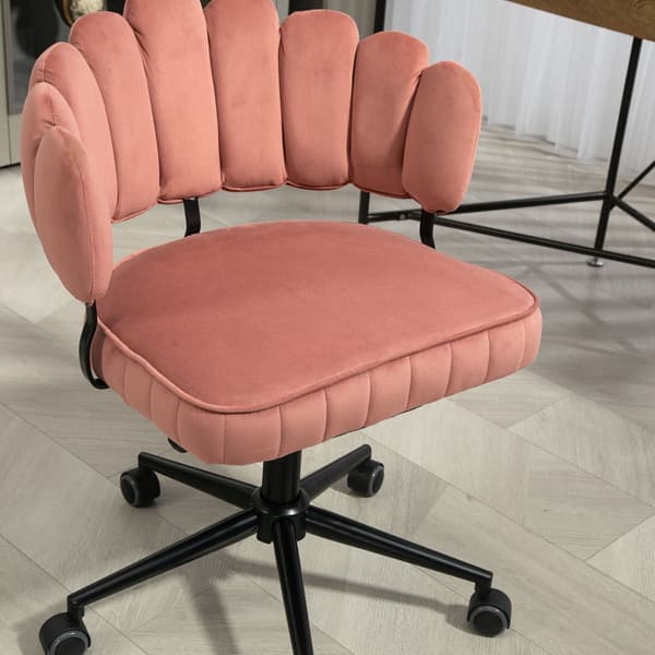 Samtklädd kontorsstol med mjuk sits, 360° roterbar, justerbar höjd med en knapp, handflätad ryggstöd med hollow-back design, rosa