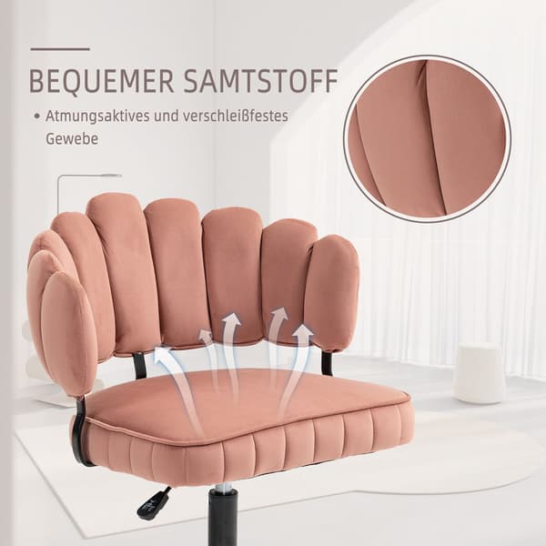 Samtklädd kontorsstol med mjuk sits, 360° roterbar, justerbar höjd med en knapp, handflätad ryggstöd med hollow-back design, rosa