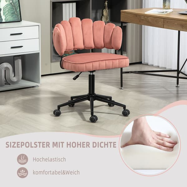 Samtklädd kontorsstol med mjuk sits, 360° roterbar, justerbar höjd med en knapp, handflätad ryggstöd med hollow-back design, rosa
