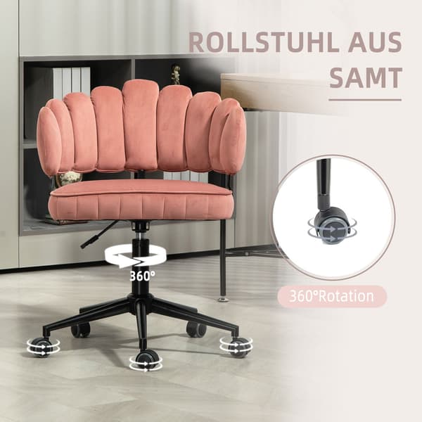 Samtklädd kontorsstol med mjuk sits, 360° roterbar, justerbar höjd med en knapp, handflätad ryggstöd med hollow-back design, rosa
