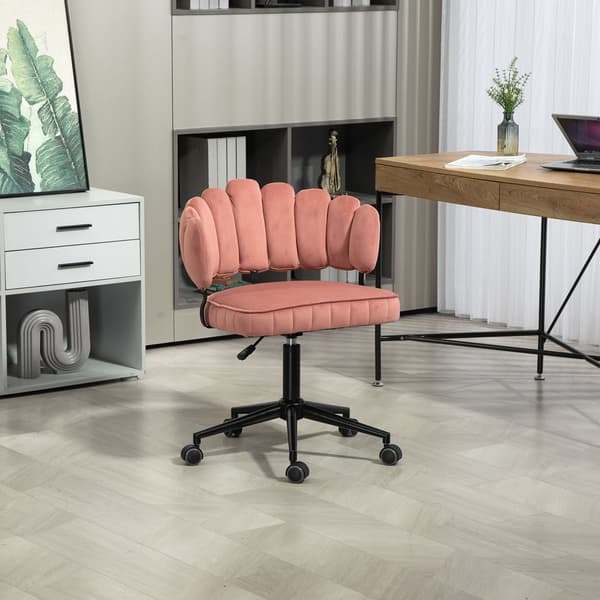 Samtklädd kontorsstol med mjuk sits, 360° roterbar, justerbar höjd med en knapp, handflätad ryggstöd med hollow-back design, rosa