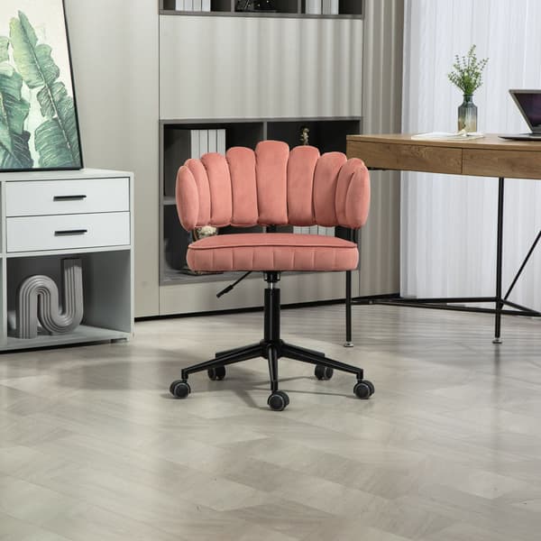 Samtklädd kontorsstol med mjuk sits, 360° roterbar, justerbar höjd med en knapp, handflätad ryggstöd med hollow-back design, rosa