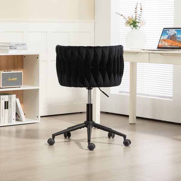 Velour skrivebordsstol, drejelig 360°, justerbar højde med One-Touch, ergonomisk lændestøtte, håndflettet ryg
