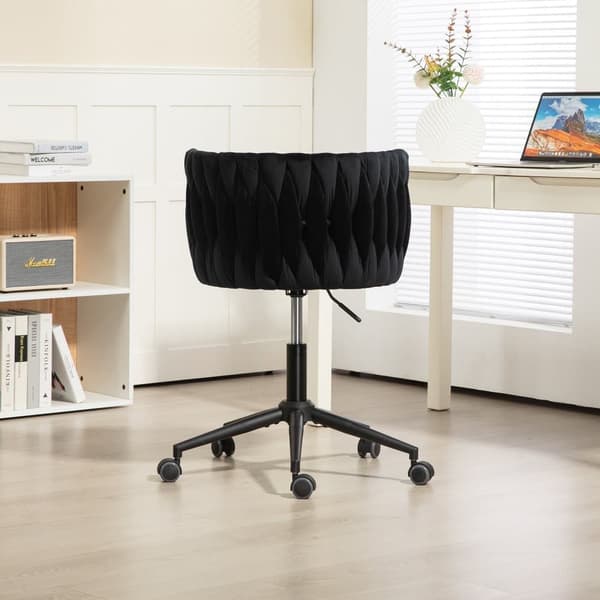 Velour skrivebordsstol, drejelig 360°, justerbar højde med One-Touch, ergonomisk lændestøtte, håndflettet ryg