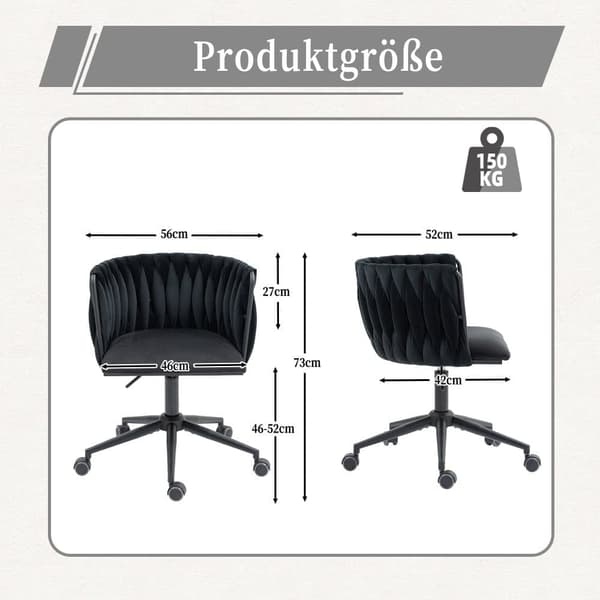 Velour skrivebordsstol, drejelig 360°, justerbar højde med One-Touch, ergonomisk lændestøtte, håndflettet ryg