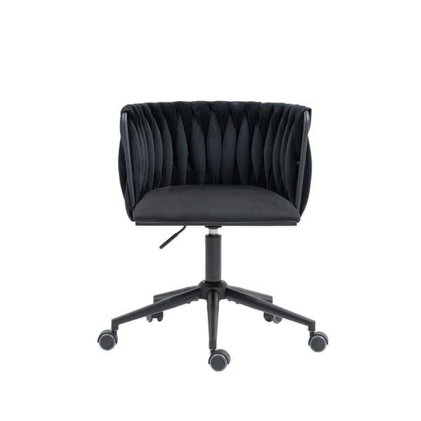 Velour skrivebordsstol, drejelig 360°, justerbar højde med One-Touch, ergonomisk lændestøtte, håndflettet ryg