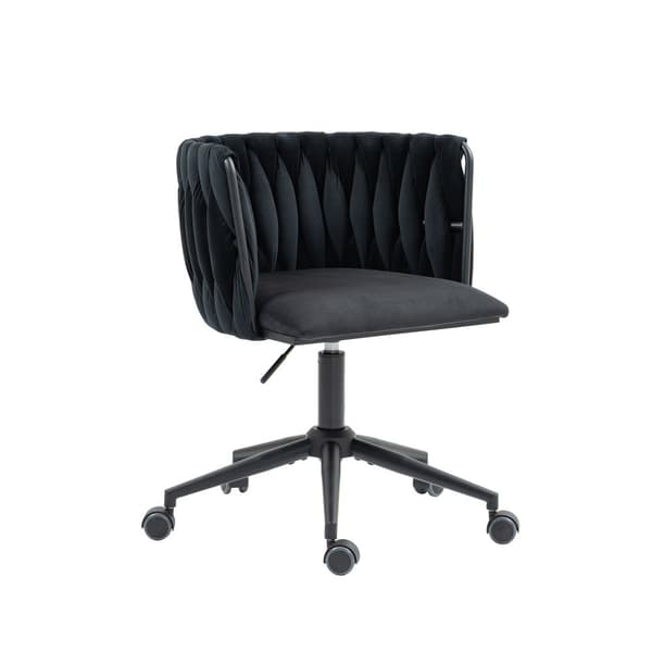 Velour skrivebordsstol, drejelig 360°, justerbar højde med One-Touch, ergonomisk lændestøtte, håndflettet ryg