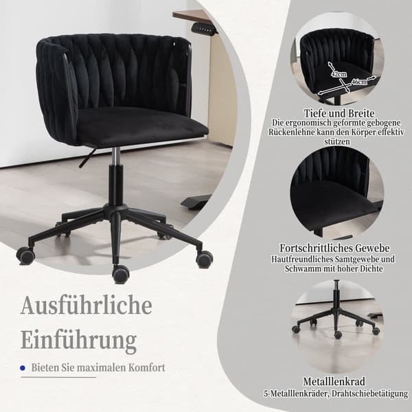 Velour skrivebordsstol, drejelig 360°, justerbar højde med One-Touch, ergonomisk lændestøtte, håndflettet ryg