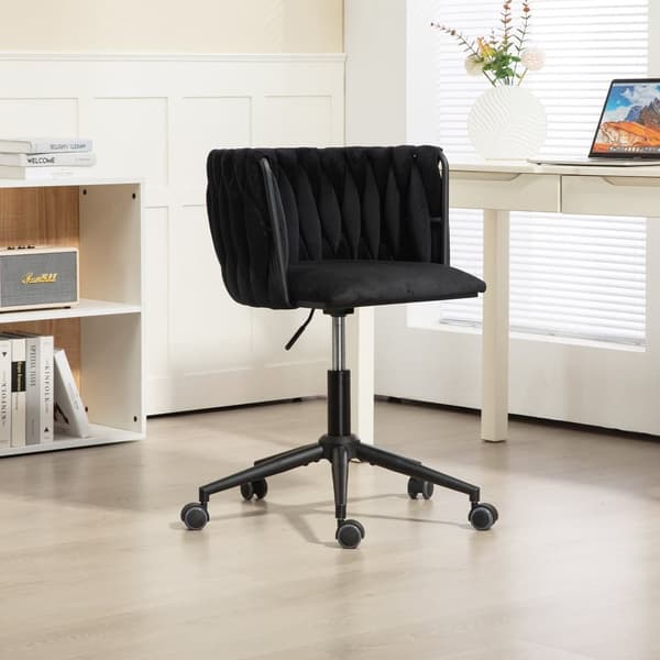 Velour skrivebordsstol, drejelig 360°, justerbar højde med One-Touch, ergonomisk lændestøtte, håndflettet ryg