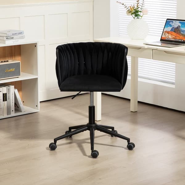 Velour skrivebordsstol, drejelig 360°, justerbar højde med One-Touch, ergonomisk lændestøtte, håndflettet ryg