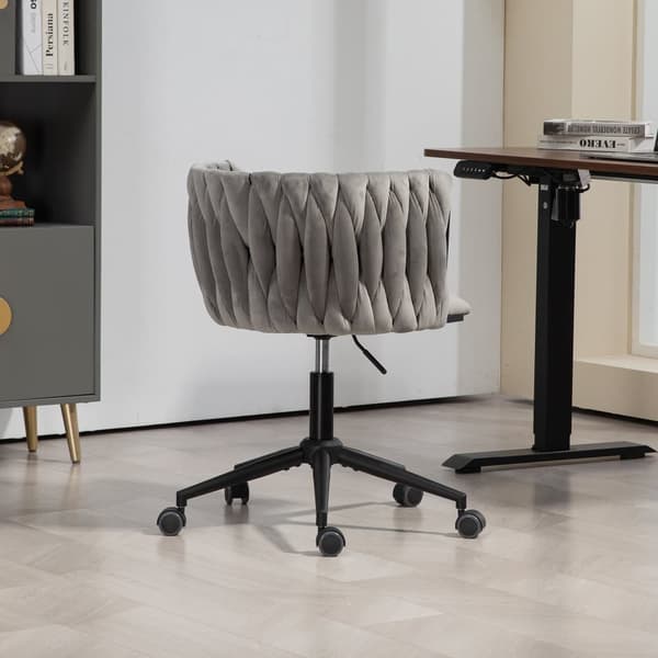 Velour skrivebordsstol, drejelig 360°, justerbar højde med One-Touch, ergonomisk lændestøtte, håndflettet ryg