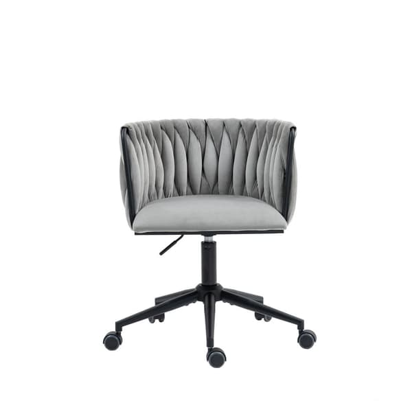 Velour skrivebordsstol, drejelig 360°, justerbar højde med One-Touch, ergonomisk lændestøtte, håndflettet ryg