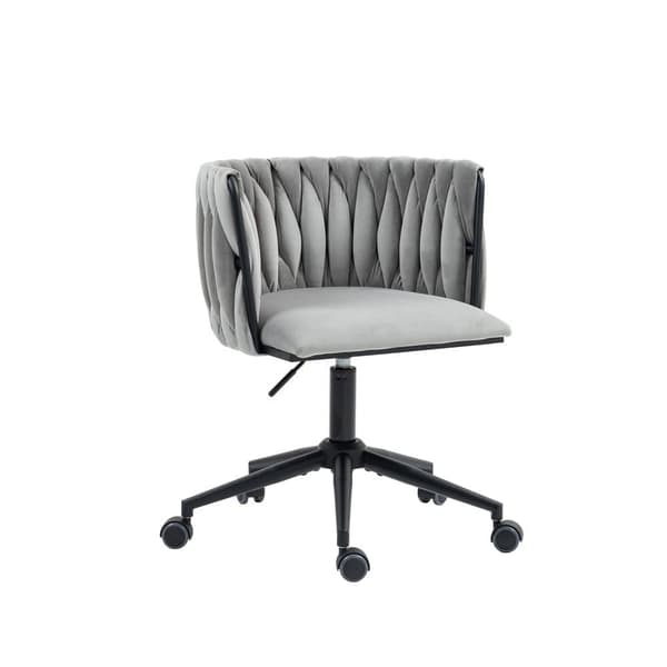 Velour skrivebordsstol, drejelig 360°, justerbar højde med One-Touch, ergonomisk lændestøtte, håndflettet ryg