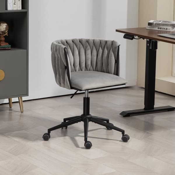Velour skrivebordsstol, drejelig 360°, justerbar højde med One-Touch, ergonomisk lændestøtte, håndflettet ryg