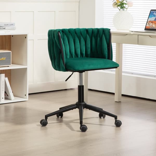 Skrivbordsstol i sammet, snurrbar 360°, justerbar höjd med One-Touch, ergonomiskt svankstöd, handflätad rygg