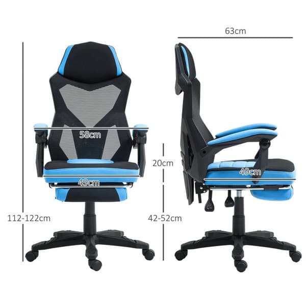 Rootz Gaming Office -ordförande - Höjdjusterbar säte - Roterbar rull - Ergonomisk komfort - 58 cm x 63 cm x 112-122 cm - Blå -svart