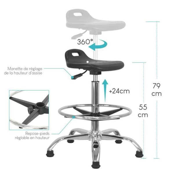Waytex hög arbetspall Ergonomisk sits, justerbar höjd 55 - 79 cm Fotstöd i kromad metall