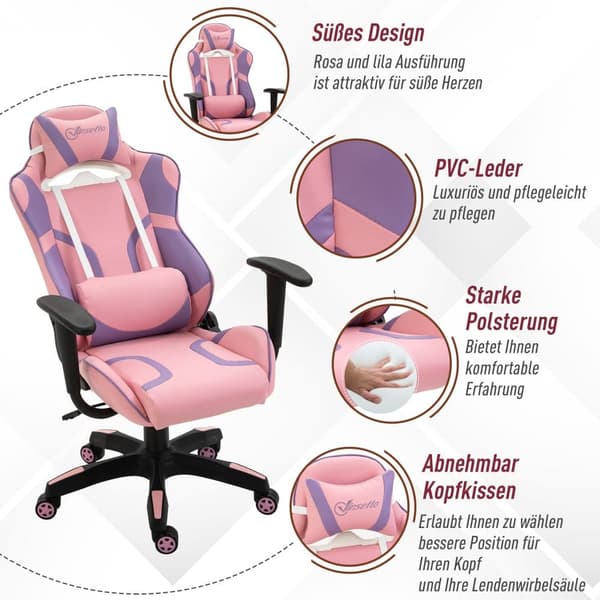 Gaming Stol, 69x56x125.5 cm, Pink & Lilla