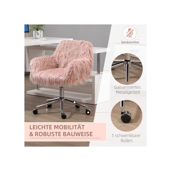 Vinsetto kontorsstol för kvinnor, justerbar i höjd, ergonomisk, syntetisk päls, rosa+silver