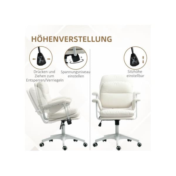 Puffert kontorsstol, höjdjusterbar snurrstol med fotstöd, maxlast 120 kg, konstläder, vit