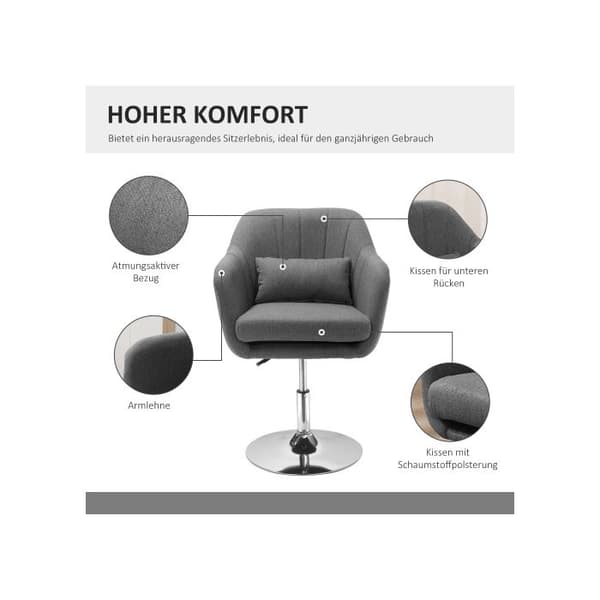 HOMCOM Arbetspall Svanstol Justerbar kontorsstol i polyester linne svart stål mörkgrå 57x57x77,5-87cm