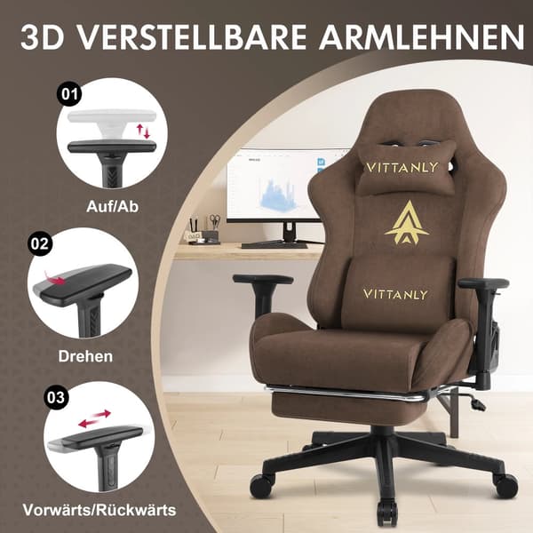 Gamingstol, 3D justerbare armlæn, ægte læder,Brun