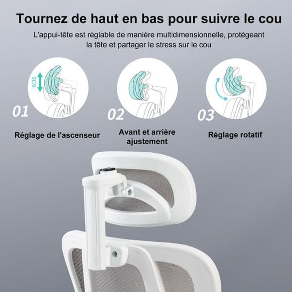 Sevencomfort - Ergonomisk kontorsstol med justerbar sits - Andningsbar kontorsstol med ländryggsstöd - Max belastning 200KG - Grå