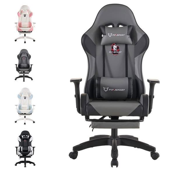 FOXSPORT Spelstol med Fotstöd - Ergonomisk Kontorsstol - Huvud- och Ländryggskudde - Mörkrets Tron