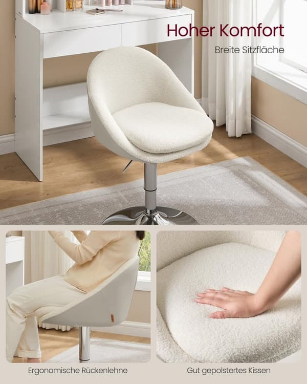 Rootz justerbar stol med ryggstöd - ergonomisk kontorsstol - vit fleece - pu läder - höjdjusterbar - 52,5 cm x 50 cm x (81,5-93,5) cm