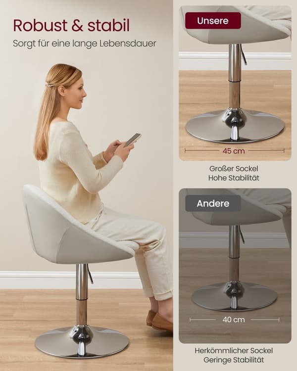 Rootz justerbar stol med ryggstöd - ergonomisk kontorsstol - vit fleece - pu läder - höjdjusterbar - 52,5 cm x 50 cm x (81,5-93,5) cm