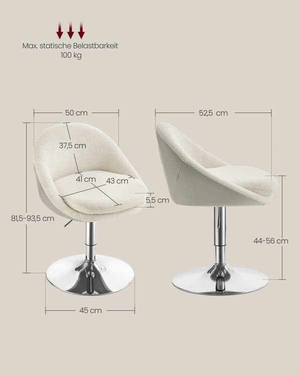 Rootz justerbar stol med ryggstöd - ergonomisk kontorsstol - vit fleece - pu läder - höjdjusterbar - 52,5 cm x 50 cm x (81,5-93,5) cm