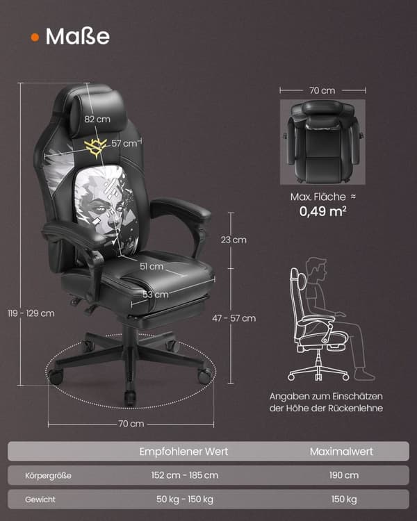 Rootz höjdjusterbar spelstol - spelstol - spelare stol - ergonomisk komfort - 70x70x (119-129) cm - bläck svart