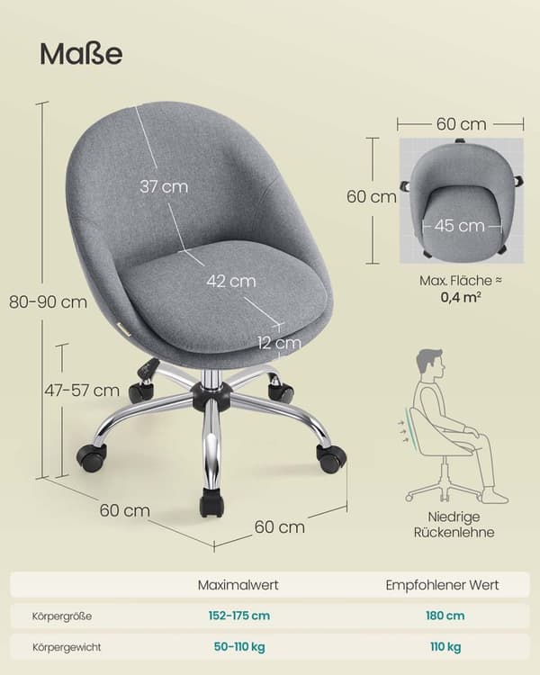 Rootz Home Office Chair - Swivel Desk stol - Ergonomisk uppgiftsstol - Komfortpaddling - 60x60x80-90cm grå