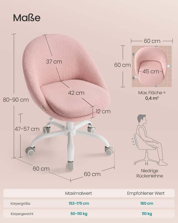 Rootz HomeOffice Dr Swivel Stol - Fleece stol - Ergonomisk sæde - Justerbar højde - 60x60x80-90 cm - Pink