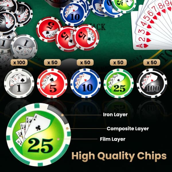 Pokerchipssæt, Texas Hold'em med 300 chips, 29x20x16 cm, sort
