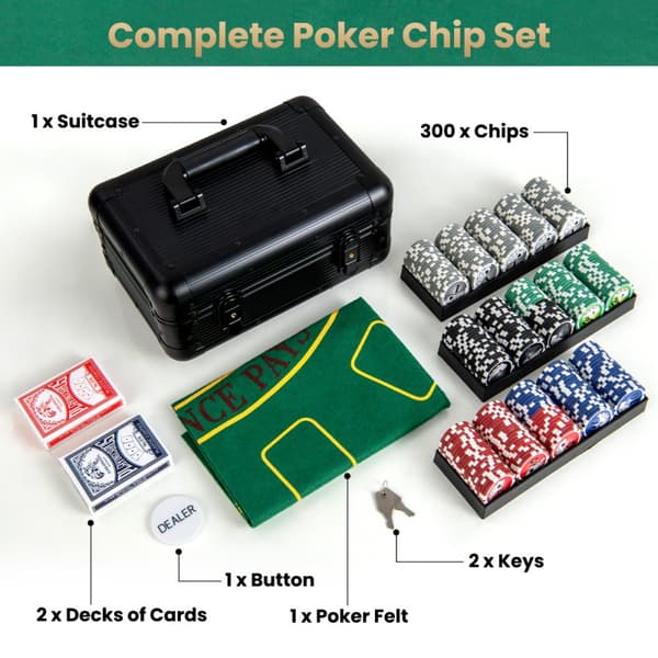 Pokerchipssæt, Texas Hold'em med 300 chips, 29x20x16 cm, sort
