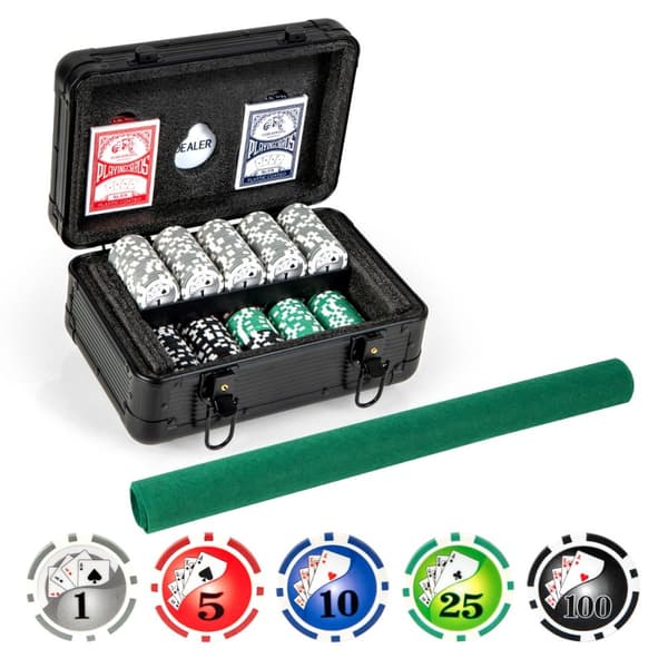 Pokerchipssæt, Texas Hold'em med 300 chips, 29x20x16 cm, sort