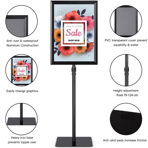 Plakatstativ, Højdejusterbar Drejelig A3 Informationsstander, 79-124 cm, Sort