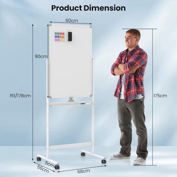 Mobil whiteboard, 68x56x159-178,5 cm, svart