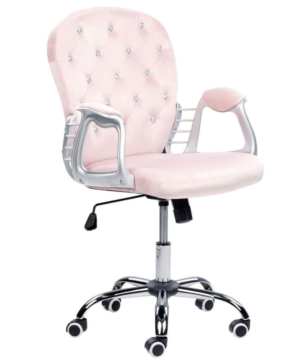 Justerbar kontorstol i fløjl i pink med krystaller, PRINCESS Lumarko!