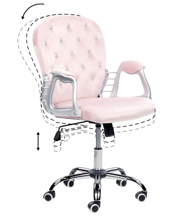 Justerbar kontorstol i fløjl i pink med krystaller, PRINCESS Lumarko!