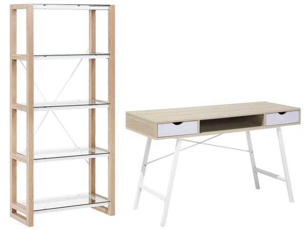 Kontorsset Ljust Trä Vit Konstruerat Trä Glas Fristående Hyllor Modern Skandinavisk Arbetsrum Kontor