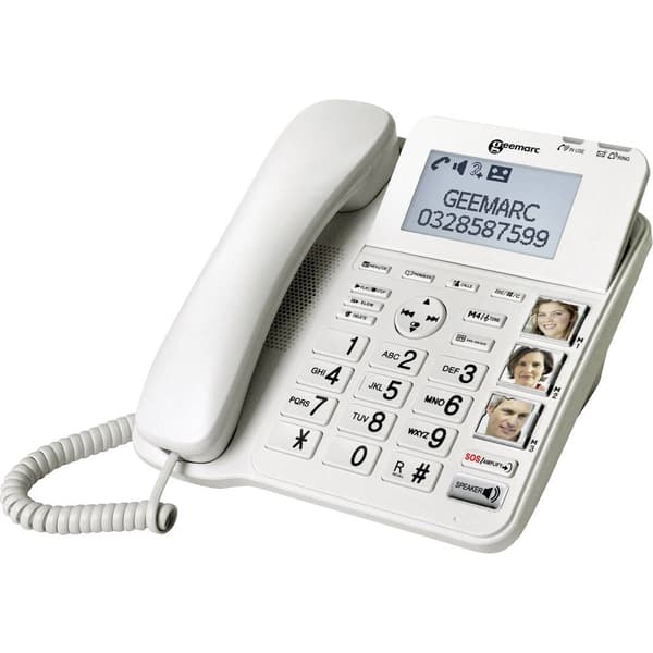Geemarc CL595 Fast seniortelefon Telefonsvarare, Handsfree, Optisk samtalssignalering, kompatibel med hörapparater, ink