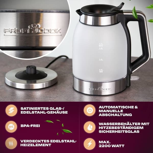 Profi Cook PC-WKS 1215 G Vattenkokare sladdlös, Överhettningsskydd Rostfritt stål, Svart Kapacitet: 1.7 l