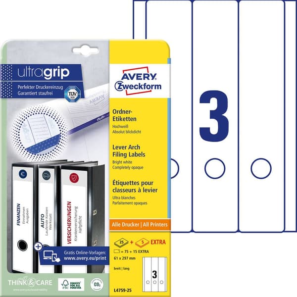 Avery-Zweckform Mappetiketter L4759-25 61 x 297 mm Papper Vit Permanent 90 st