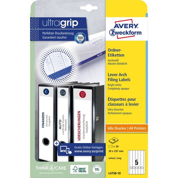 Avery-Zweckform Mappetiketter L4758-10 38 x 297 mm Papper Vit Permanent 50 st