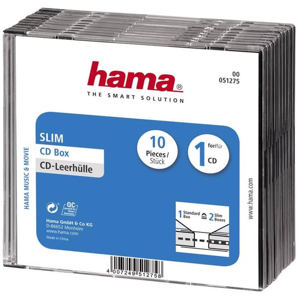 Hama CD-fodral, smalt 00051275 1 CD/DVD/Blu-Ray Transparent, Svart Polystyren 10 st