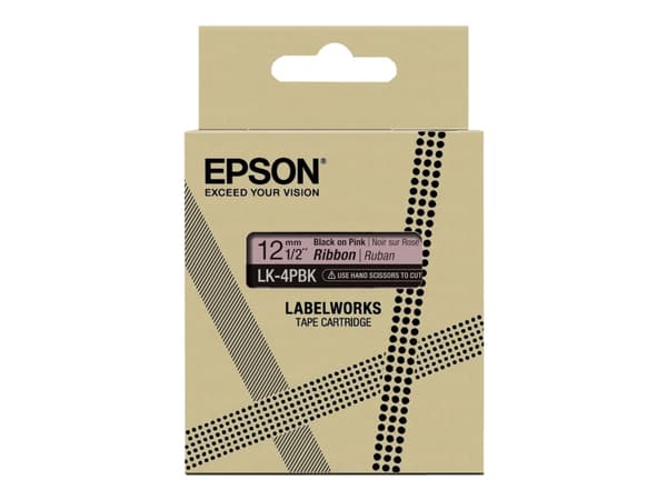 Epson -tarrakasetti, satiininauha, LK-4PBK musta/vaaleanpunainen, 12 mm (5 m), Mustaa vaaleanpunaisella, Japani, Satiini, Epson, LabelWorks LW-400VP