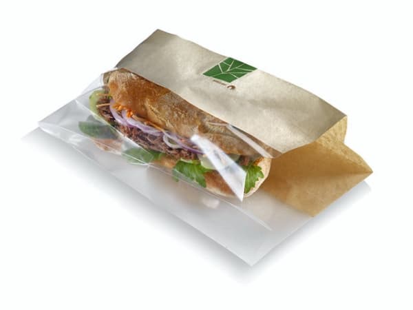 Sandwichpose 230x140x30 mm Papir/PLA Brun/Klar,500 stk/krt